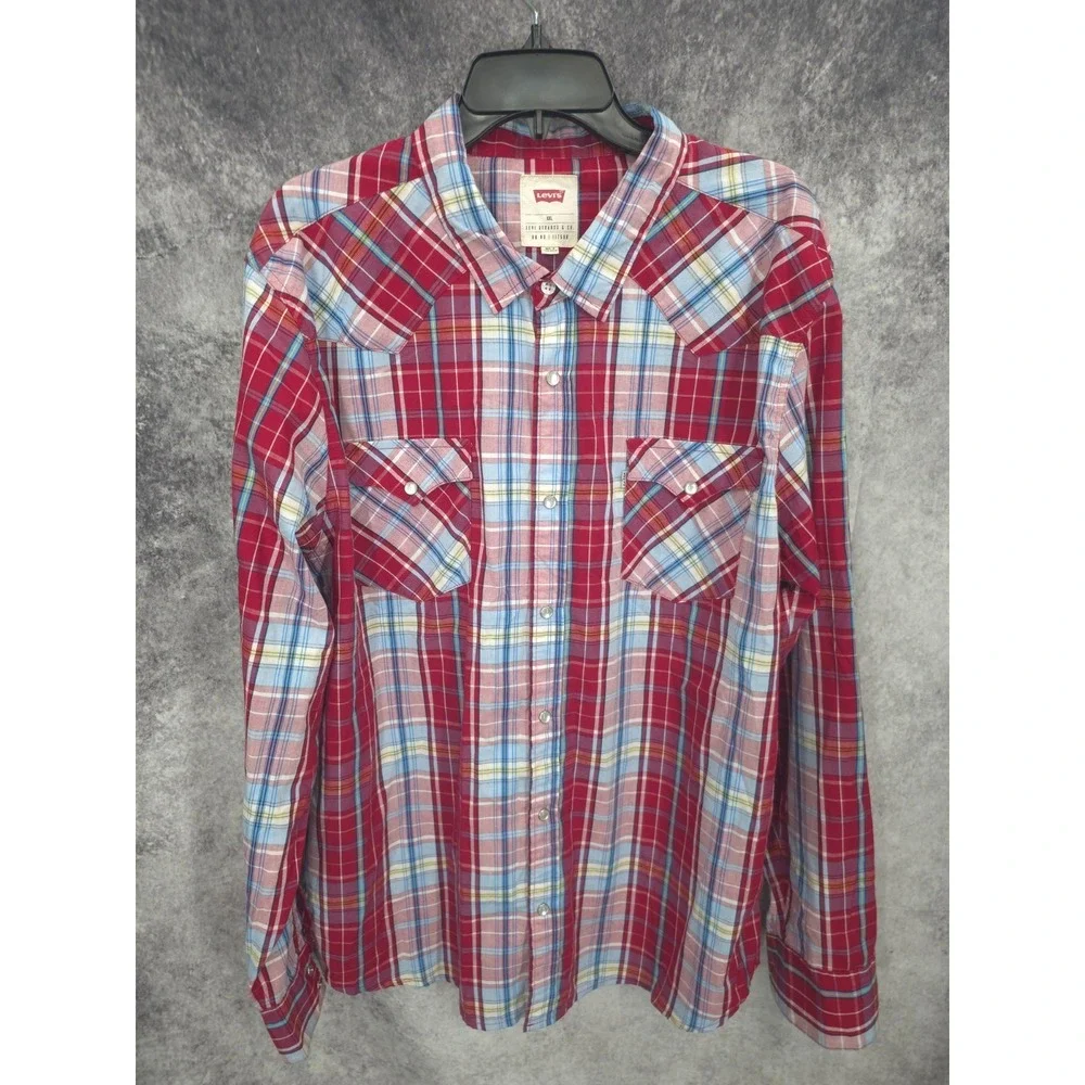 Levis Western Shirt Mens 2XL Red Plaid‎ Pearl Snap Cowboy Rodeo Vaquero